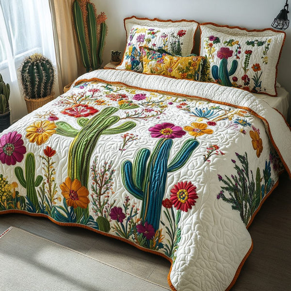 Sunny Garden quilted 3-piece bedding set on a made bed with two matching pillow shams