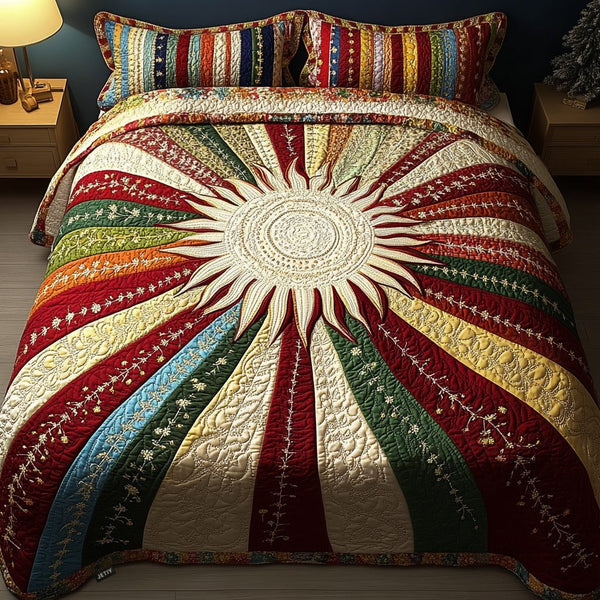 Sunny Glow quilted 3-piece bedding set on a made bed with two matching pillow shams
