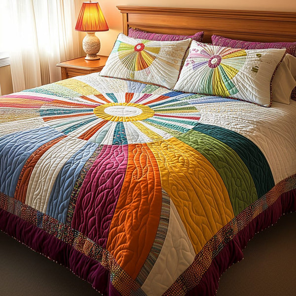 Sunny Glow quilted 3-piece bedding set on a made bed with two matching pillow shams