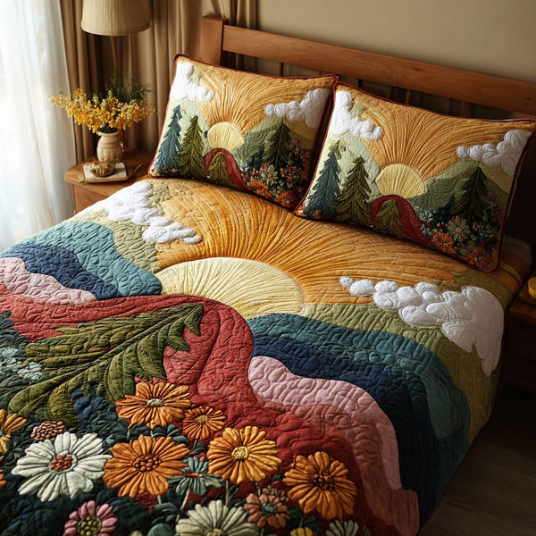 Sunny Groove quilted 3-piece bedding set on a made bed with two matching pillow shams