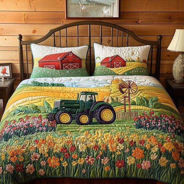 Sunny Harvest quilted 3-piece bedding set on a made bed with two matching pillow shams