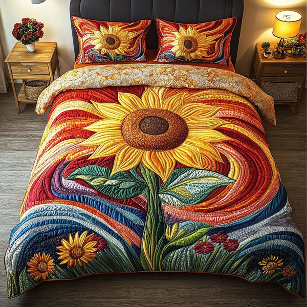 Sunny Horizon quilted 3-piece bedding set on a made bed with two matching pillow shams