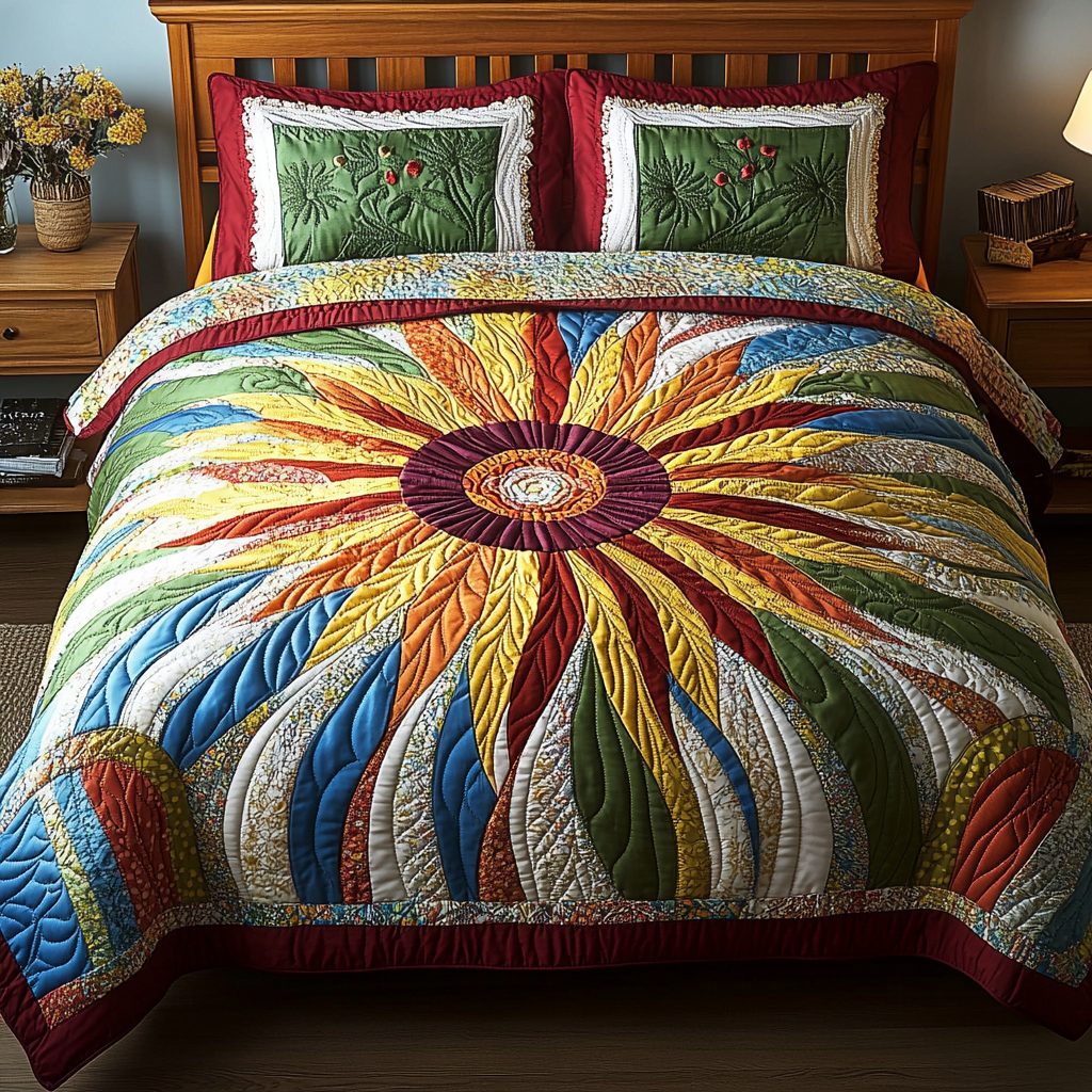 Sunny Horizon quilted 3-piece bedding set on a made bed with two matching pillow shams