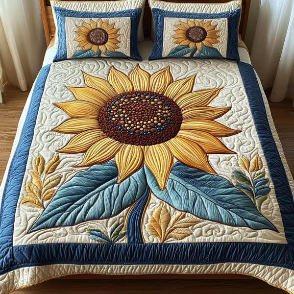 Sunny Horizons quilted 3-piece bedding set on a made bed with two matching pillow shams