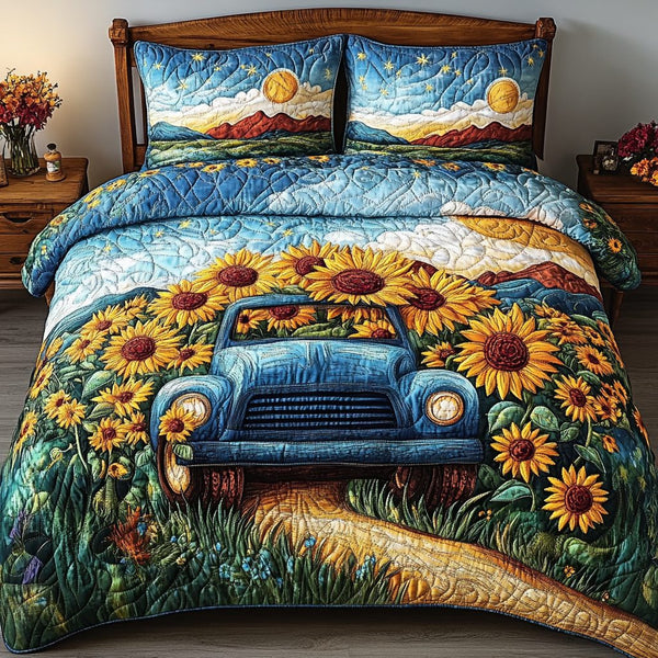 Sunny Journey quilted 3-piece bedding set on a made bed with two matching pillow shams