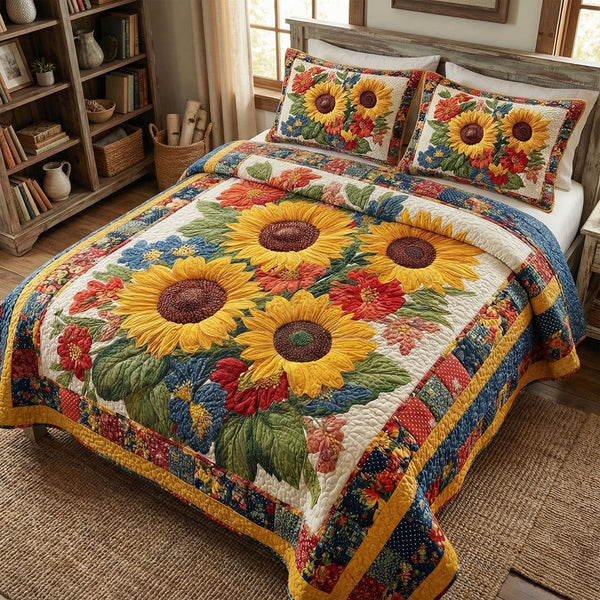 Sunny Meadow Bloom quilted 3-piece bedding set on a made bed with two matching pillow shams