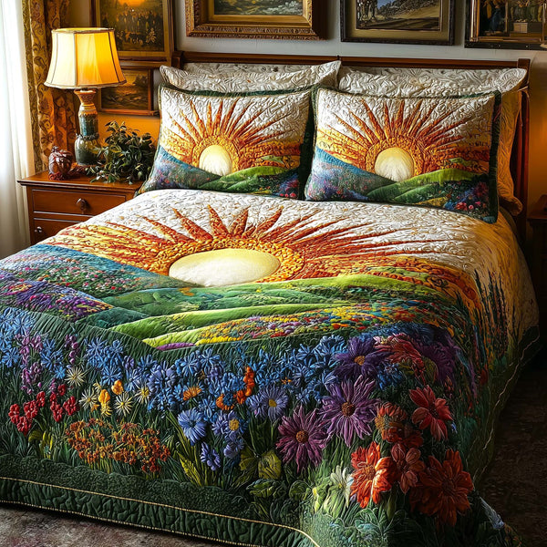 Sunny Meadow quilted 3-piece bedding set on a made bed with two matching pillow shams