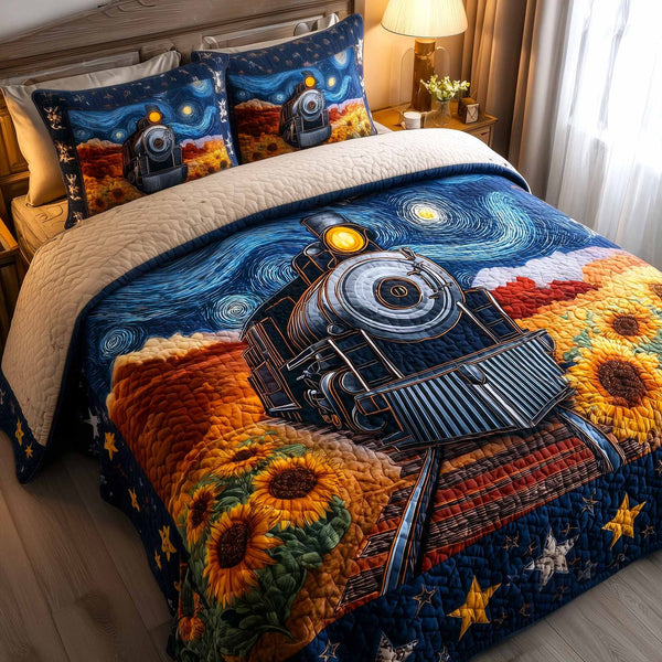 Sunny Meadow quilted 3-piece bedding set on a made bed with two matching pillow shams