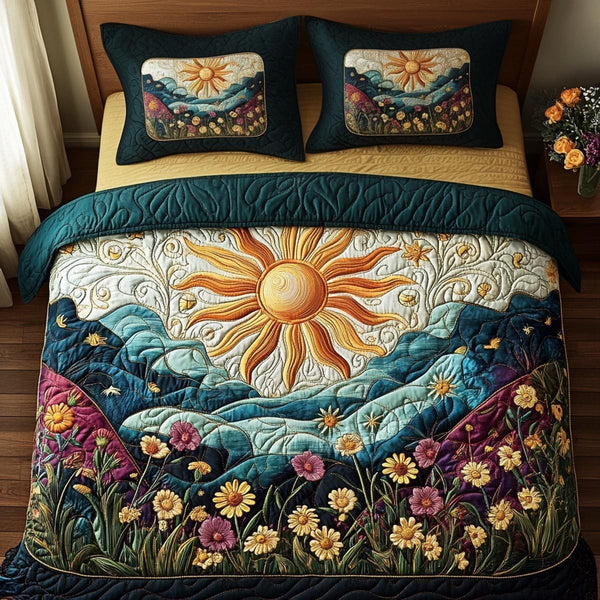 Sunny Meadow quilted 3-piece bedding set on a made bed with two matching pillow shams