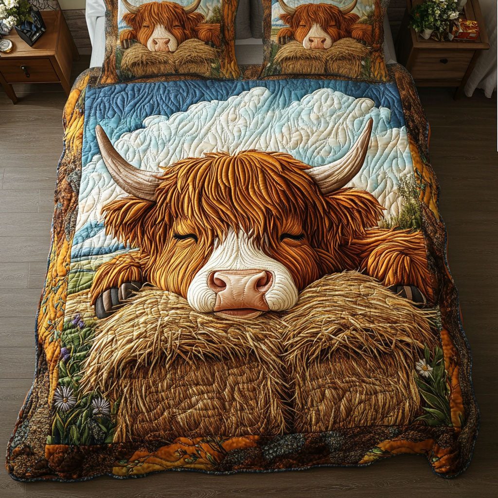 Sunny Meadows quilted 3-piece bedding set on a made bed with two matching pillow shams
