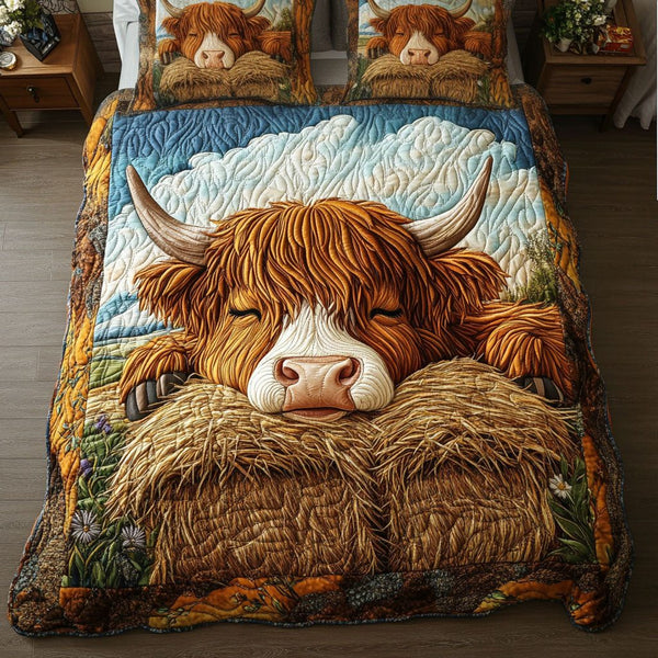 Sunny Meadows quilted 3-piece bedding set on a made bed with two matching pillow shams