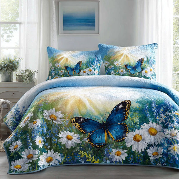 Sunny Monarch quilted 3-piece bedding set on a made bed with two matching pillow shams