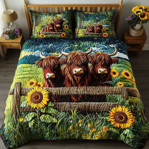Sunny Pastures quilted 3-piece bedding set on a made bed with two matching pillow shams