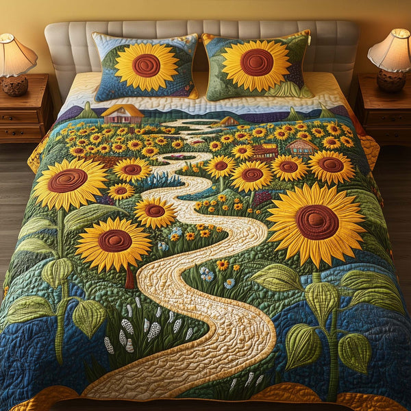 Sunny Path quilted 3-piece bedding set on a made bed with two matching pillow shams