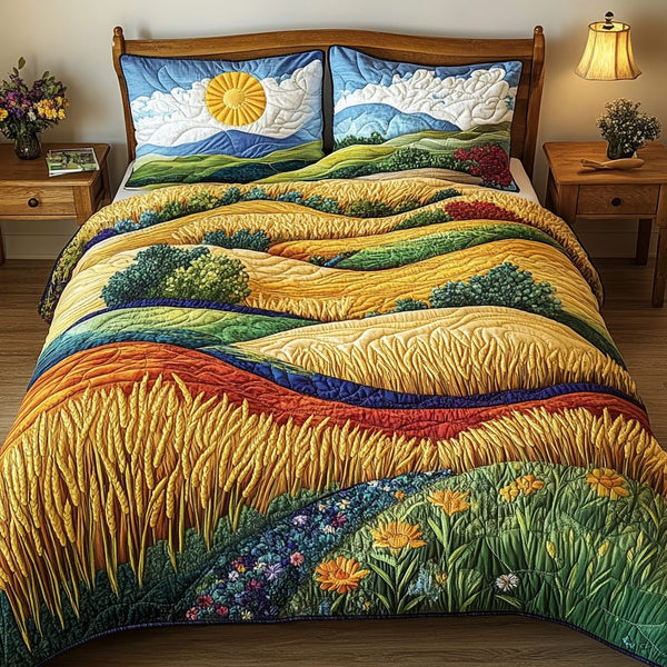 Sunny Path quilted 3-piece bedding set on a made bed with two matching pillow shams