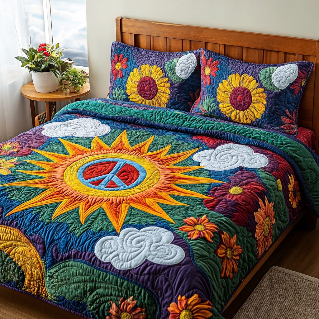 Sunny Peace quilted 3-piece bedding set on a made bed with two matching pillow shams