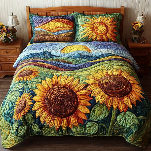 Sunny Petals quilted 3-piece bedding set on a made bed with two matching pillow shams