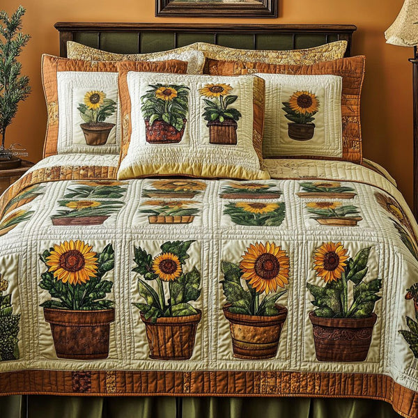 Sunny Pots quilted 3-piece bedding set on a made bed with two matching pillow shams