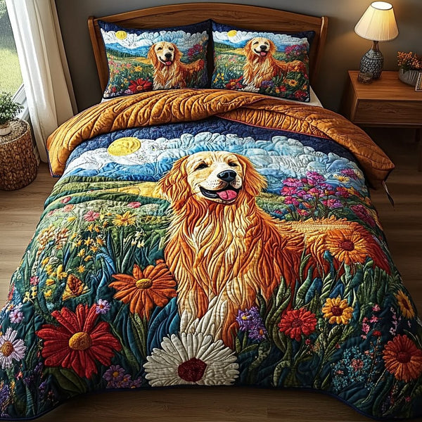 Sunny Retriever quilted 3-piece bedding set on a made bed with two matching pillow shams