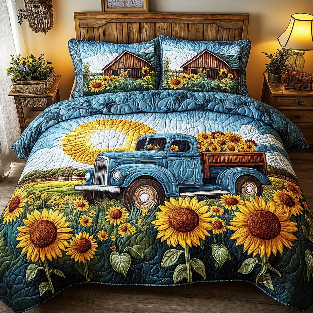 Sunny Ride quilted 3-piece bedding set on a made bed with two matching pillow shams