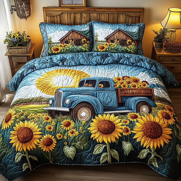 Sunny Ride quilted 3-piece bedding set on a made bed with two matching pillow shams