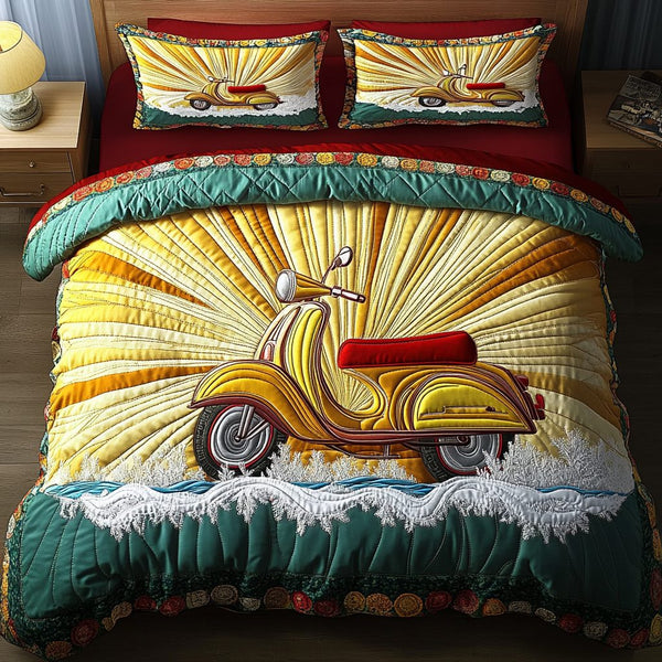 Sunny Scooter quilted 3-piece bedding set on a made bed with two matching pillow shams
