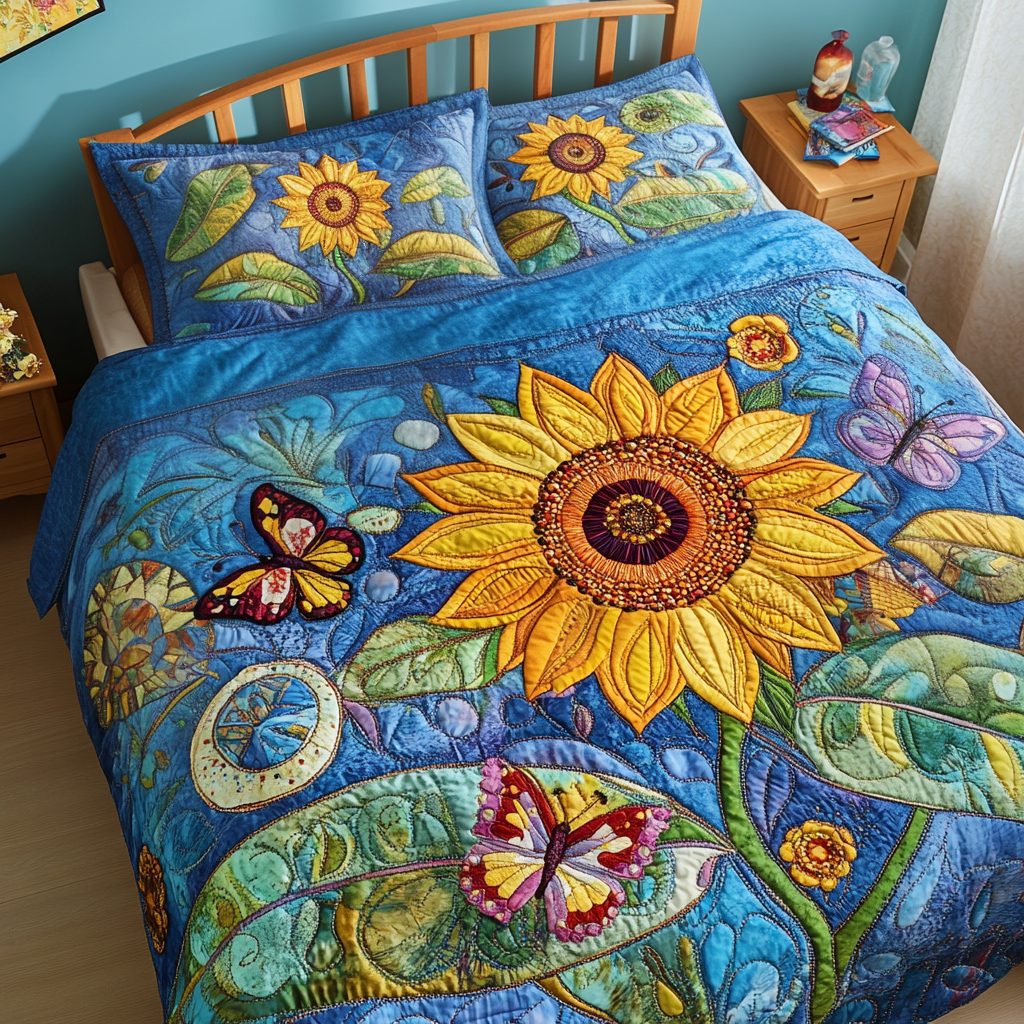 Sunny Serenade quilted 3-piece bedding set on a made bed with two matching pillow shams