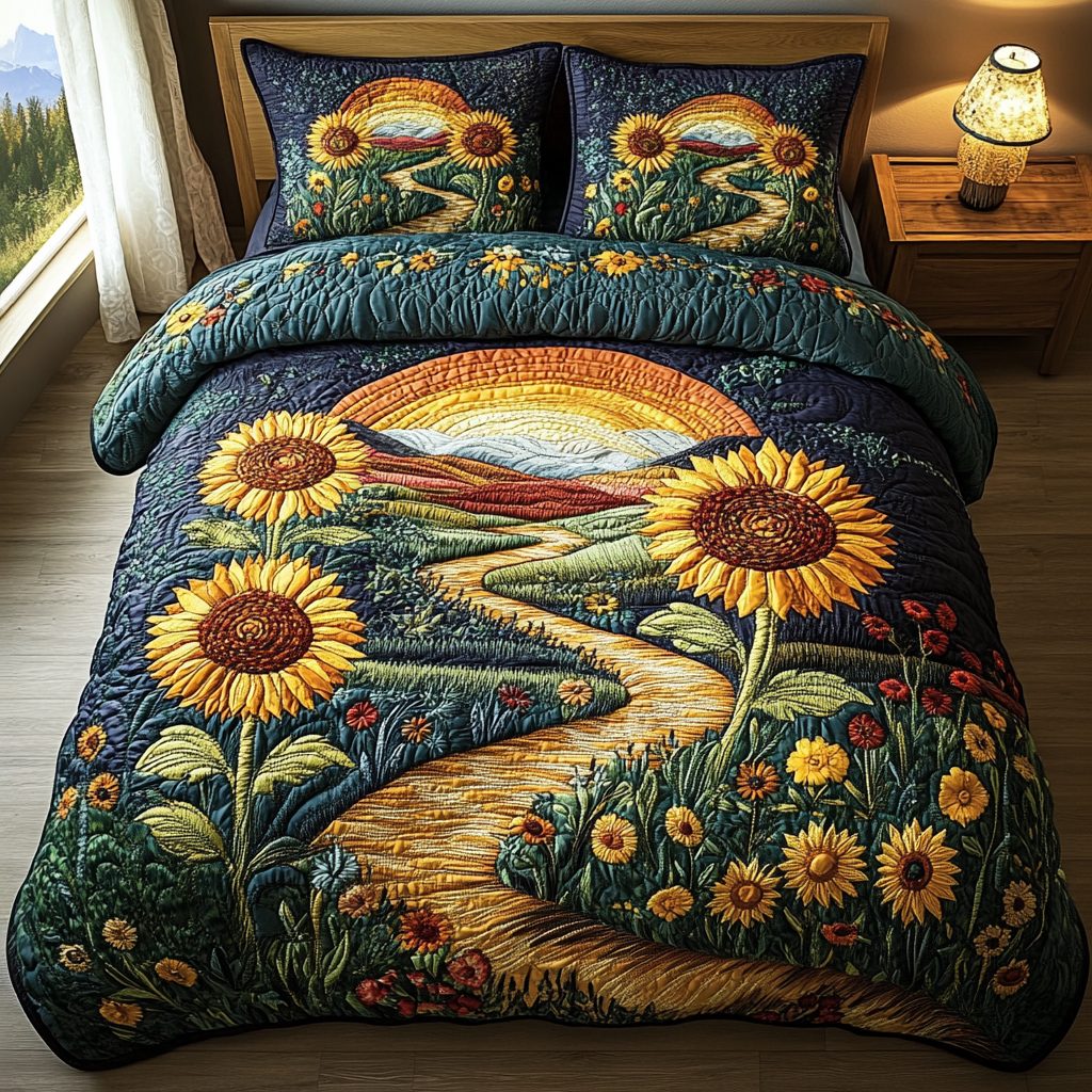 Sunny Serenity quilted 3-piece bedding set on a made bed with two matching pillow shams