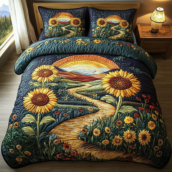 Sunny Serenity quilted 3-piece bedding set on a made bed with two matching pillow shams