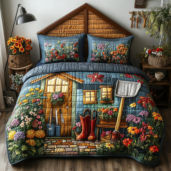 Sunny Shed quilted 3-piece bedding set on a made bed with two matching pillow shams