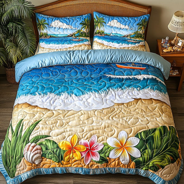 Sunny Shore quilted 3-piece bedding set on a made bed in a light coastal bedroom