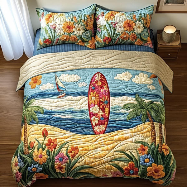 Sunny Shore quilted 3-piece bedding set on a made bed in a light coastal bedroom