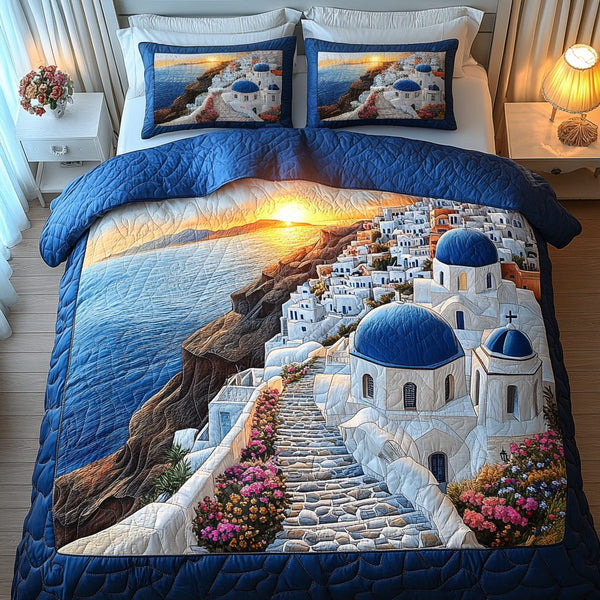 Sunny Shores quilted 3-piece bedding set on a made bed in a light coastal bedroom