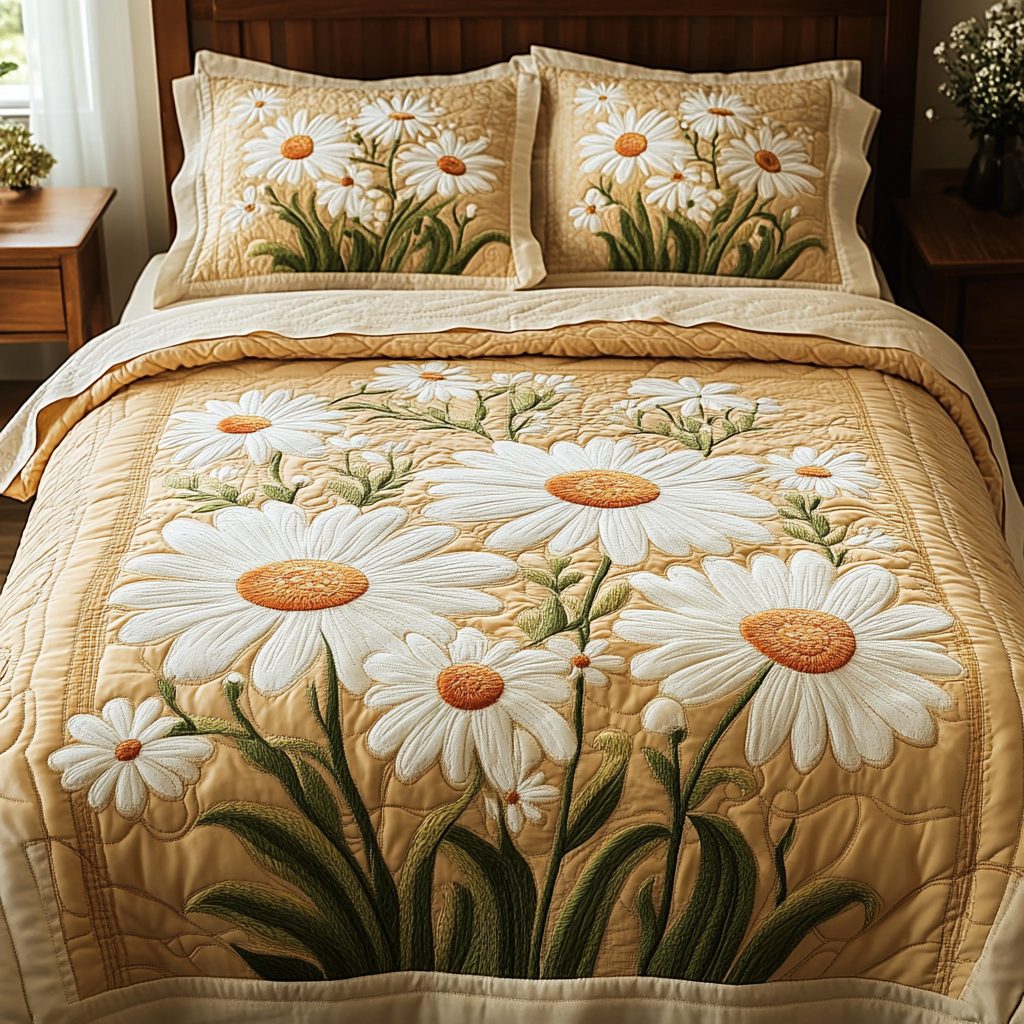 Sunny Sleep quilted 3-piece bedding set on a made bed with two matching pillow shams