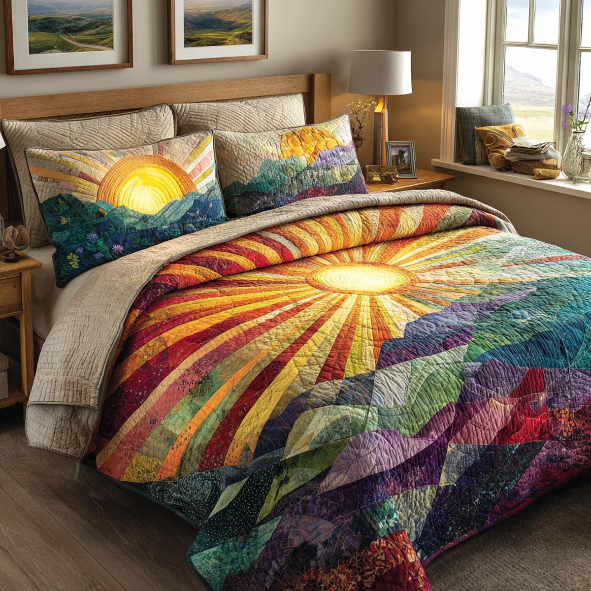 Sunny Spirit quilted 3-piece bedding set on a made bed with two matching pillow shams