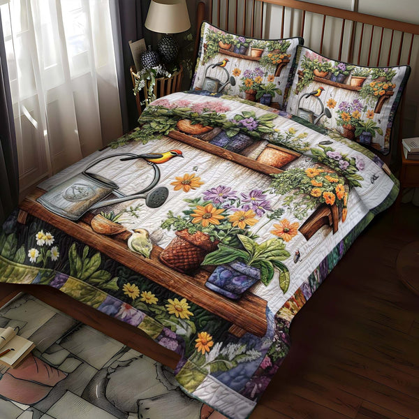 Sunny Steps quilted 3-piece bedding set on a made bed with two matching pillow shams
