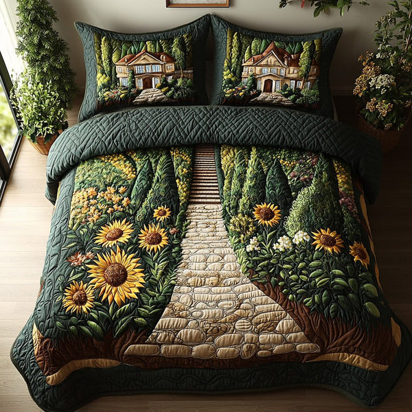 Sunny Trail quilted 3-piece bedding set on a made bed with two matching pillow shams