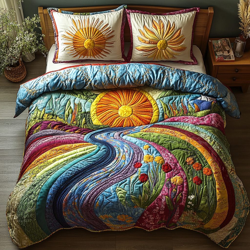 Sunny Vibes quilted 3-piece bedding set on a made bed with two matching pillow shams
