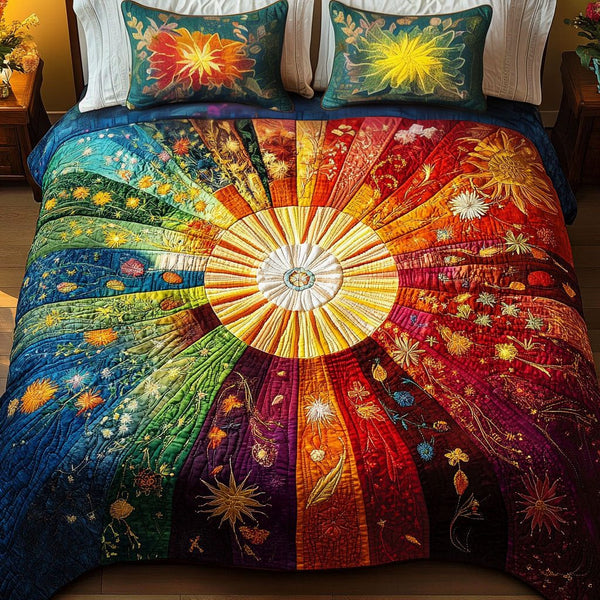 Sunny Vibes quilted 3-piece bedding set on a made bed with two matching pillow shams