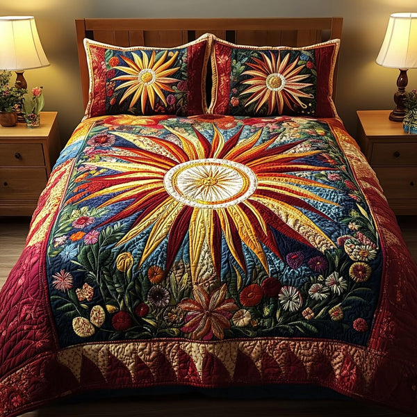 Sunray Bliss quilted 3-piece bedding set on a made bed with two matching pillow shams