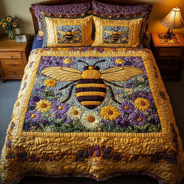 Sunray Gatherer quilted 3-piece bedding set on a made bed with two matching pillow shams