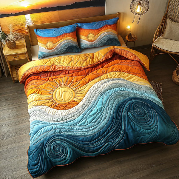 Sunrise and Waves quilted 3-piece bedding set on a made bed in a light coastal bedroom