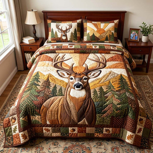 Sunrise Antlers quilted 3-piece bedding set on a made bed with two matching pillow shams