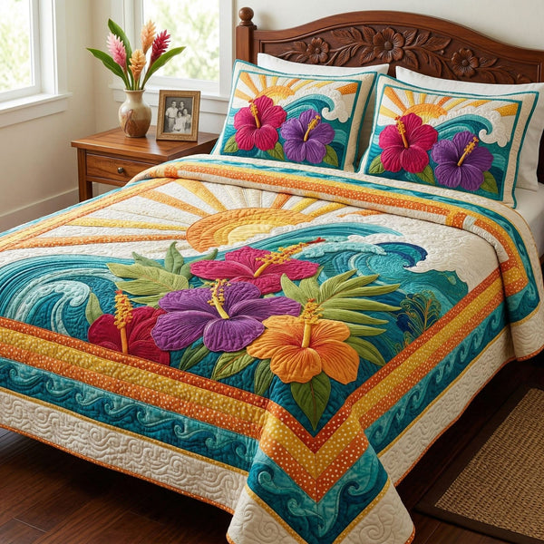Sunrise Beach quilted 3-piece bedding set on a made bed in a light coastal bedroom