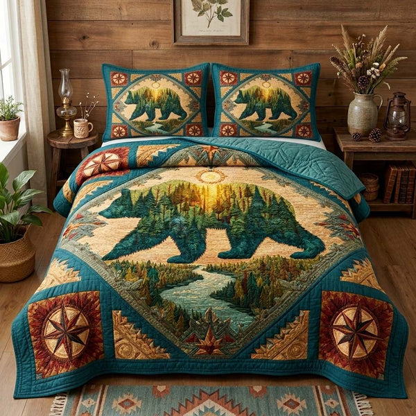 Sunrise Bear quilted 3-piece bedding set on a made bed with two matching pillow shams