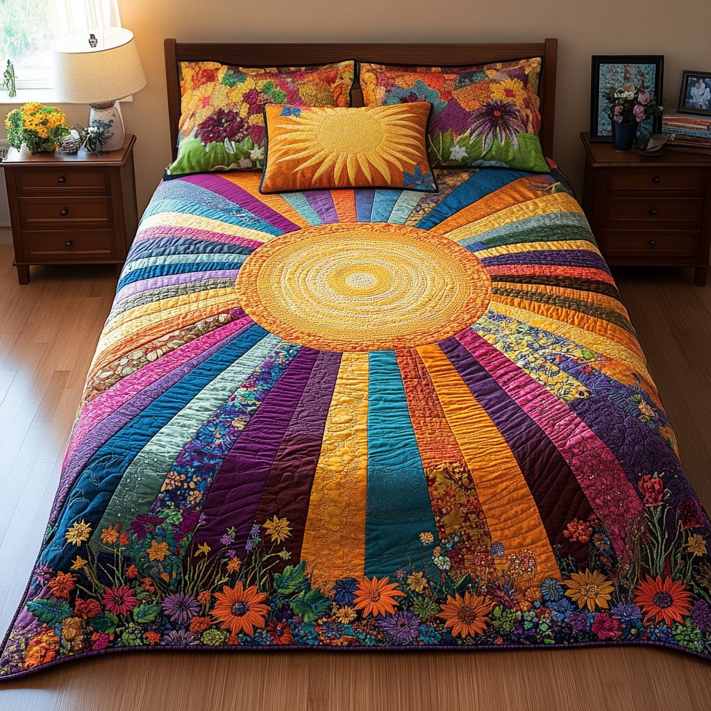 Sunrise Bloom quilted 3-piece bedding set on a made bed with two matching pillow shams