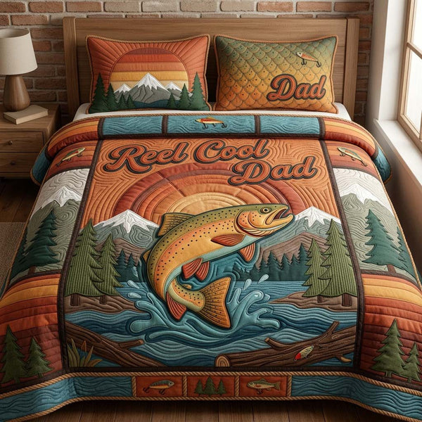 Sunrise Catch Dad quilted 3-piece bedding set on a made bed with two matching pillow shams