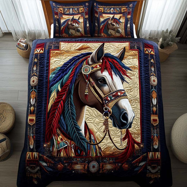 Sunrise Chant quilted 3-piece bedding set on a made bed with two matching pillow shams