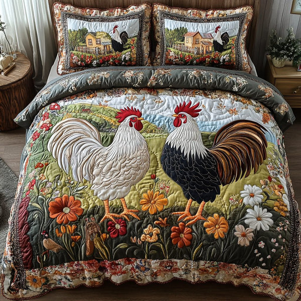 Sunrise Cluck quilted 3-piece bedding set on a made bed with two matching pillow shams