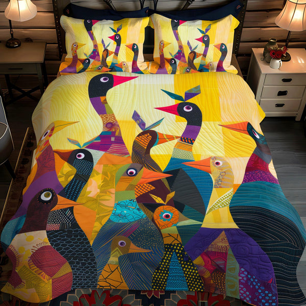 Sunrise Duck Village quilted 3-piece bedding set on a made bed with two matching pillow shams
